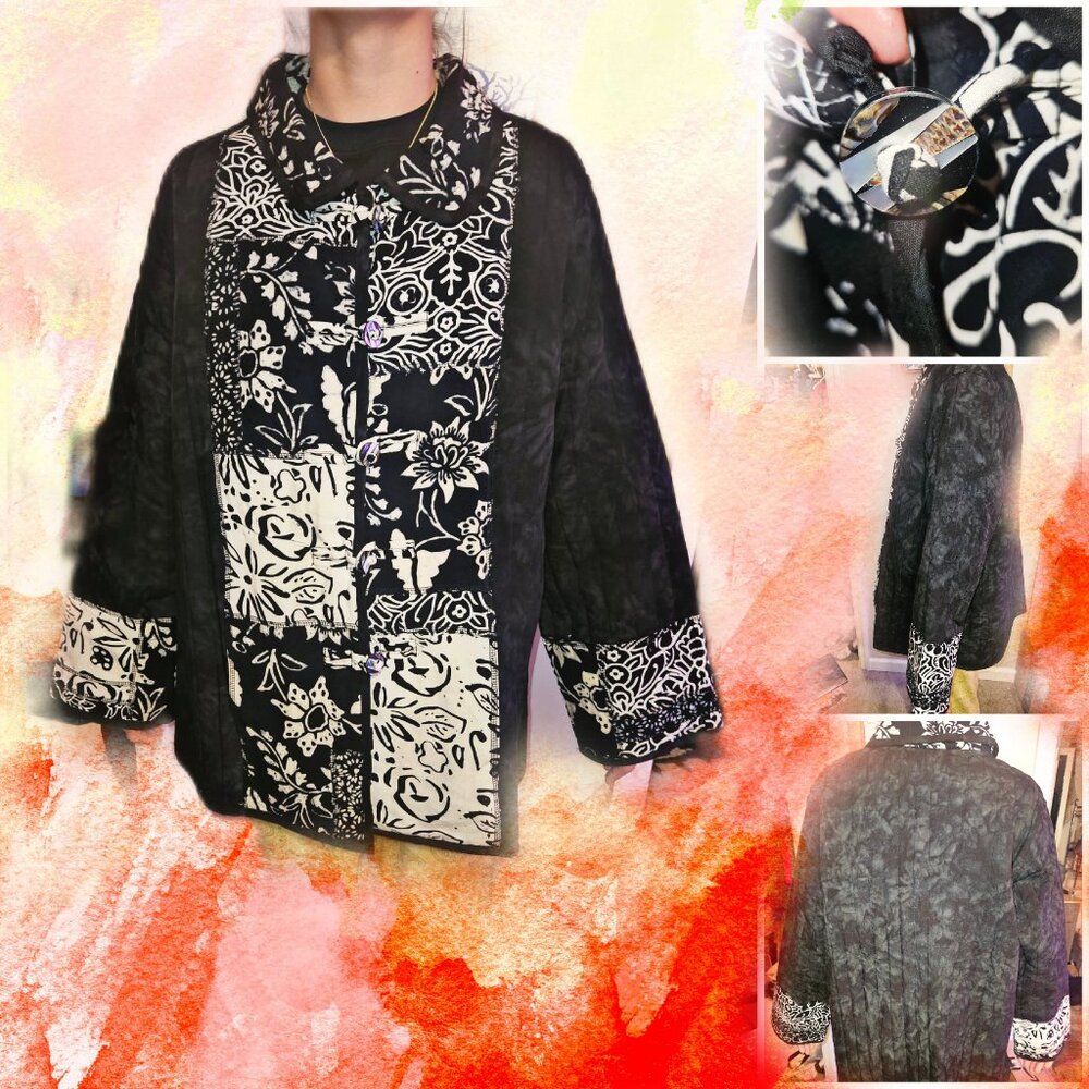 Black and white Quilted coat with button detailing
